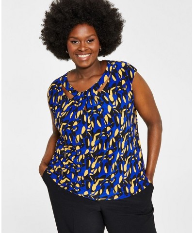 Plus Size Printed Twist-Neck Top Royal Blue/Gold Combo $36.57 Tops