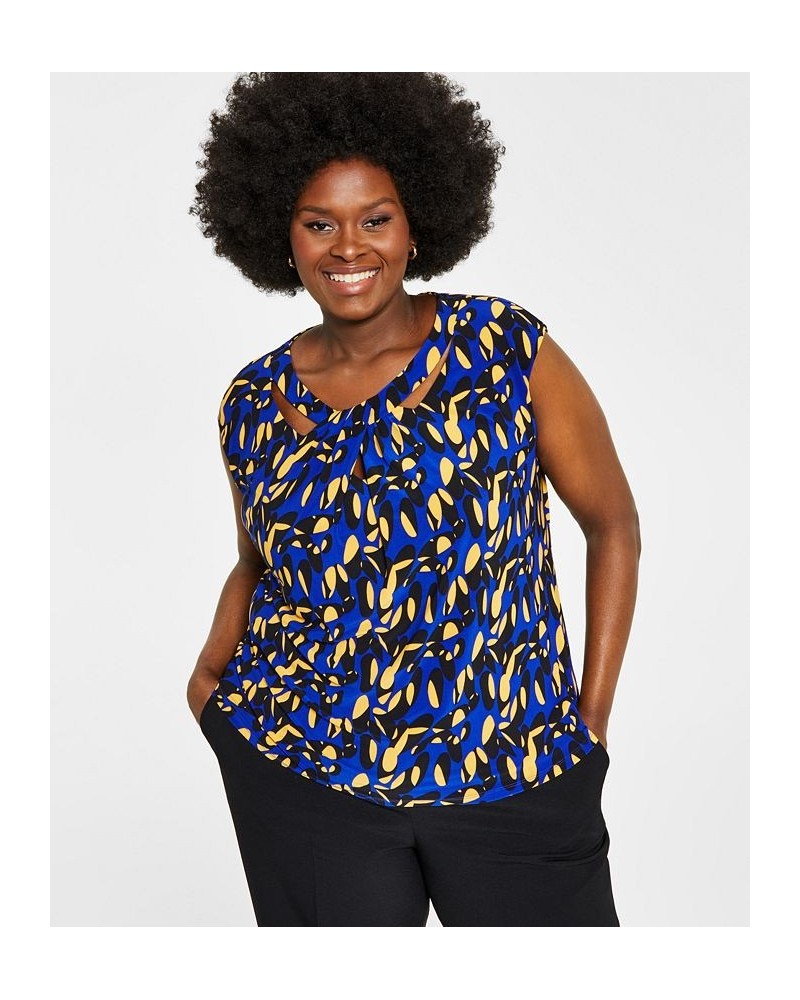 Plus Size Printed Twist-Neck Top Royal Blue/Gold Combo $36.57 Tops