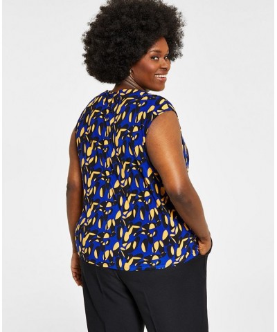 Plus Size Printed Twist-Neck Top Royal Blue/Gold Combo $36.57 Tops