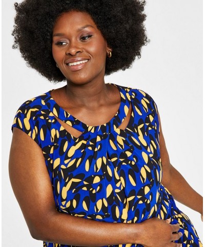 Plus Size Printed Twist-Neck Top Royal Blue/Gold Combo $36.57 Tops