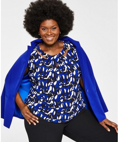 Plus Size Printed Twist-Neck Top Royal Blue/Gold Combo $36.57 Tops