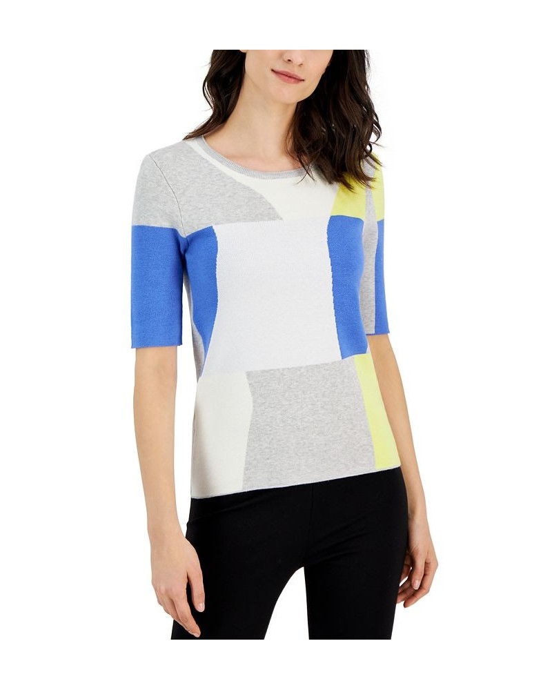 Women's Colorblocked Crewneck Elbow-Sleeve Sweater Light Grey $42.24 Sweaters