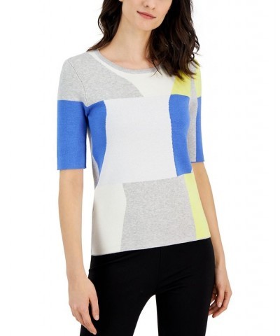 Women's Colorblocked Crewneck Elbow-Sleeve Sweater Light Grey $42.24 Sweaters