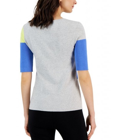 Women's Colorblocked Crewneck Elbow-Sleeve Sweater Light Grey $42.24 Sweaters