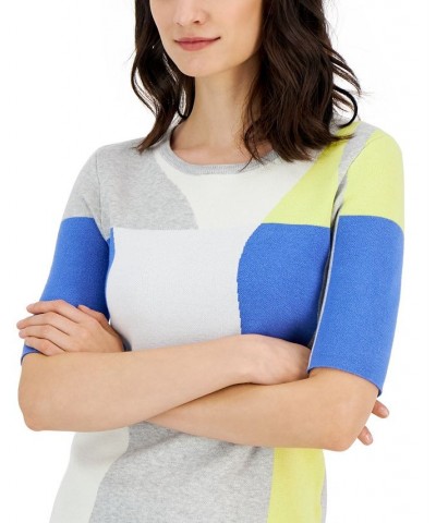 Women's Colorblocked Crewneck Elbow-Sleeve Sweater Light Grey $42.24 Sweaters