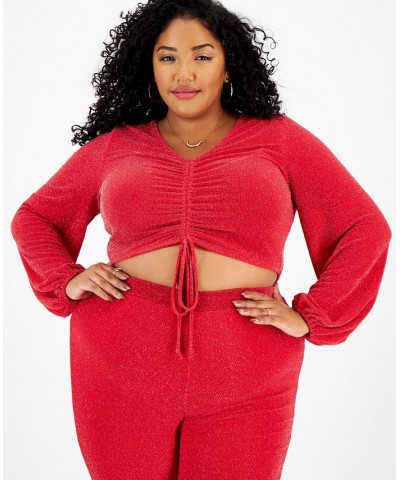 Plus Size Embellished V-Neck Drawstring Crop Top Red $11.62 Tops