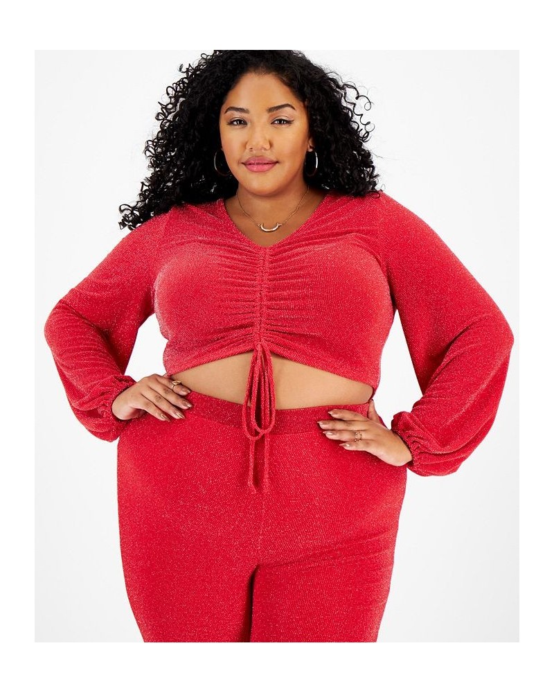 Plus Size Embellished V-Neck Drawstring Crop Top Red $11.62 Tops