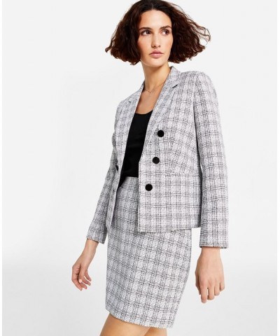 Women's Tweed Faux Double-Breasted Blazer Bar White Combo $47.63 Jackets