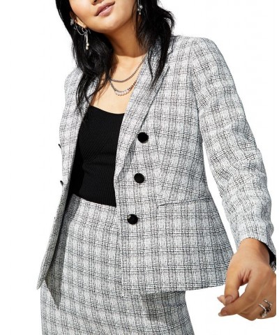 Women's Tweed Faux Double-Breasted Blazer Bar White Combo $47.63 Jackets