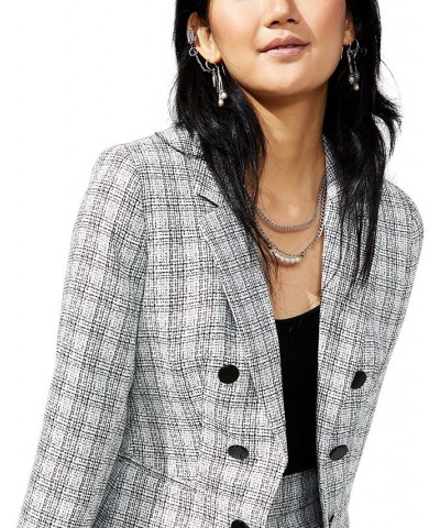 Women's Tweed Faux Double-Breasted Blazer Bar White Combo $47.63 Jackets