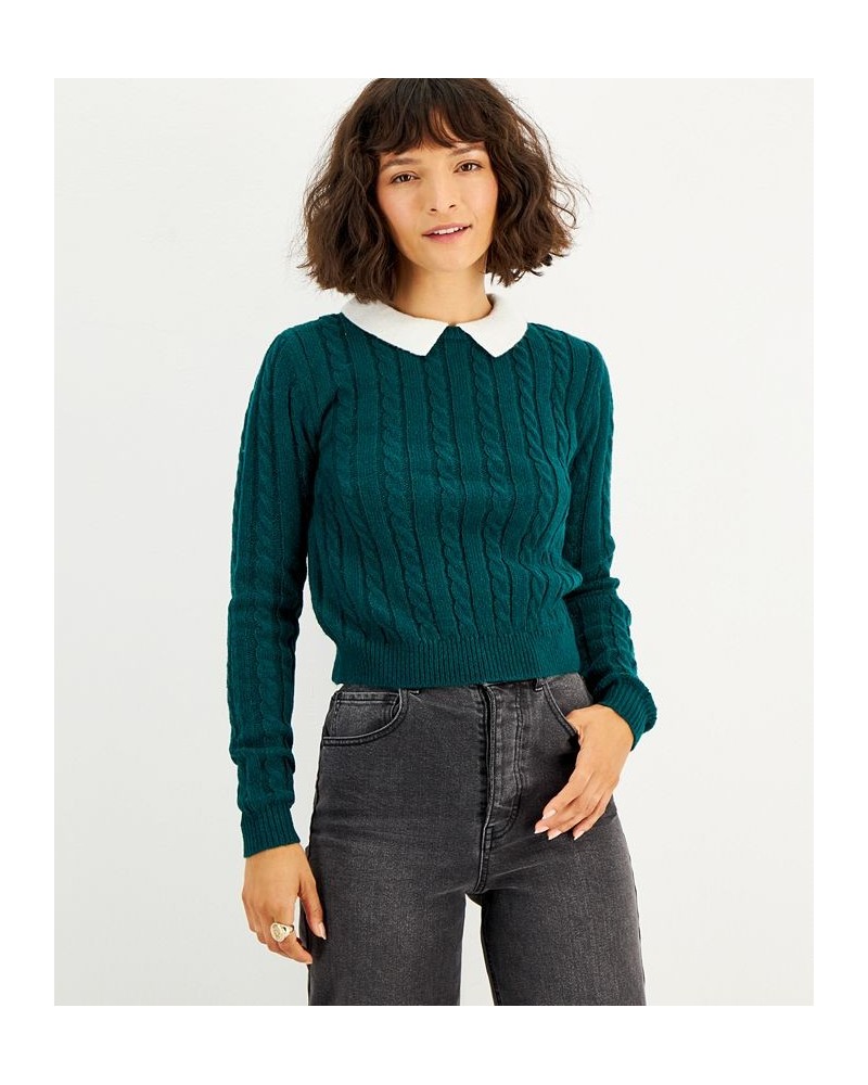 Juniors' Contrast Collar Cable-Knit Sweater Evergreen Combo $17.99 Sweaters