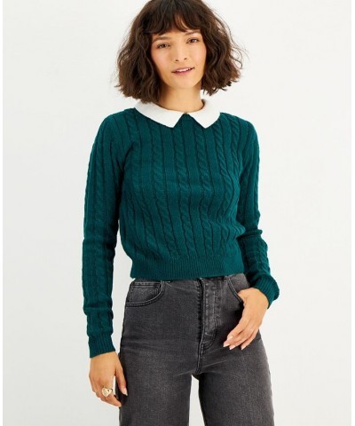 Juniors' Contrast Collar Cable-Knit Sweater Evergreen Combo $17.99 Sweaters