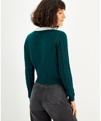 Juniors' Contrast Collar Cable-Knit Sweater Evergreen Combo $17.99 Sweaters