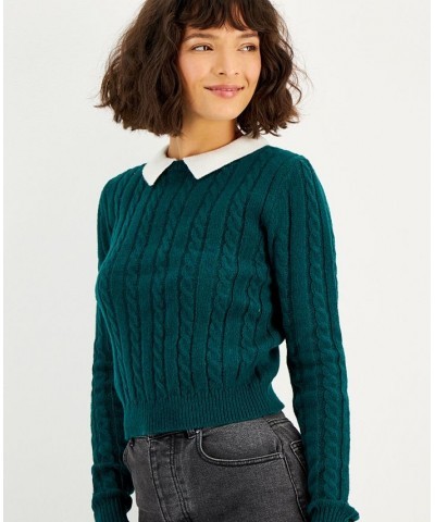 Juniors' Contrast Collar Cable-Knit Sweater Evergreen Combo $17.99 Sweaters