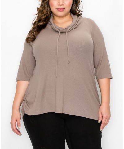 Plus Size Baby Thermal Cowl Neck Side Ruched Top Brown $25.97 Tops