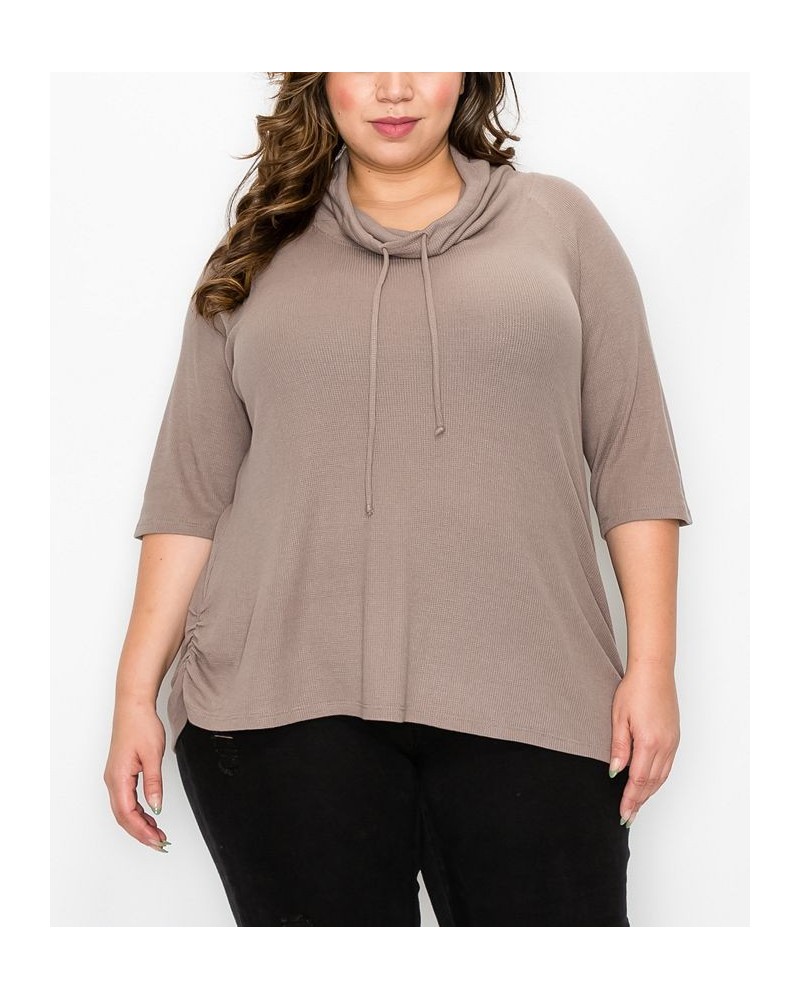 Plus Size Baby Thermal Cowl Neck Side Ruched Top Brown $25.97 Tops