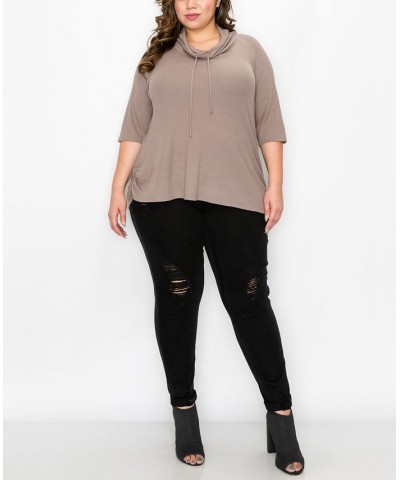 Plus Size Baby Thermal Cowl Neck Side Ruched Top Brown $25.97 Tops