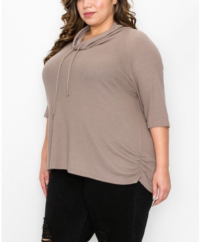 Plus Size Baby Thermal Cowl Neck Side Ruched Top Brown $25.97 Tops