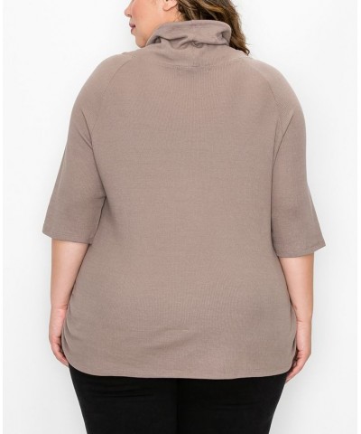 Plus Size Baby Thermal Cowl Neck Side Ruched Top Brown $25.97 Tops