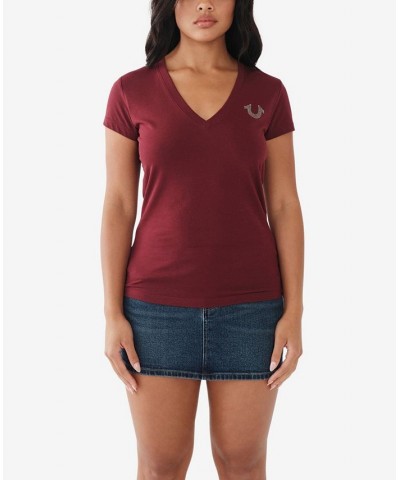 Women's Short Sleeve Crystal Box Logo V-Neck T-shirt Red $27.24 Tops