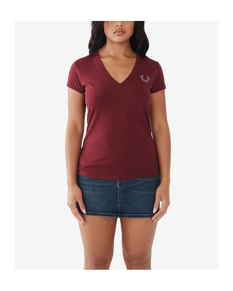 Women's Short Sleeve Crystal Box Logo V-Neck T-shirt Red $27.24 Tops