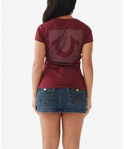 Women's Short Sleeve Crystal Box Logo V-Neck T-shirt Red $27.24 Tops