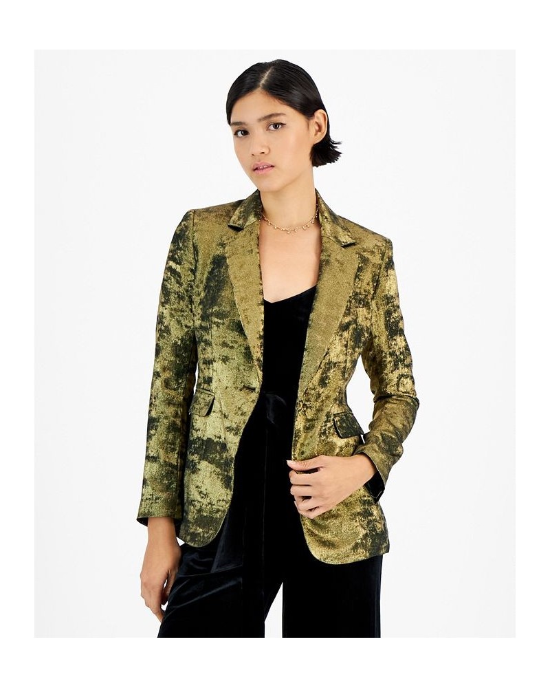 Women's Metallic Notched Collar One-Button Jacket Pine Mist/Gold $36.57 Jackets