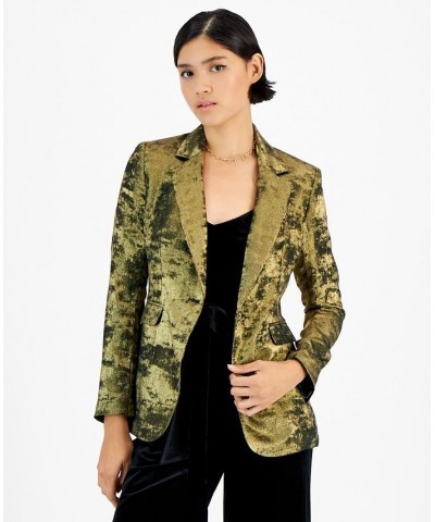 Women's Metallic Notched Collar One-Button Jacket Pine Mist/Gold $36.57 Jackets