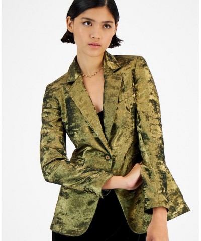 Women's Metallic Notched Collar One-Button Jacket Pine Mist/Gold $36.57 Jackets