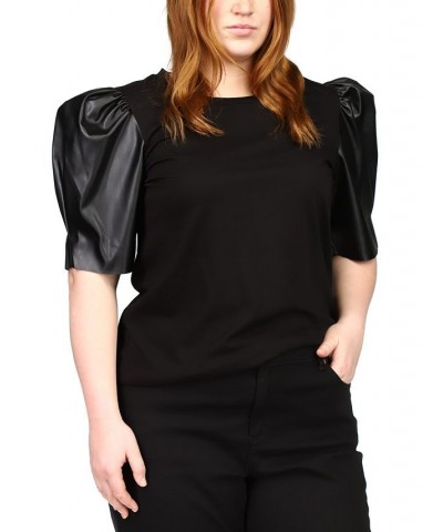 Plus Size Faux Leather Puff-Sleeve Top Black $32.10 Tops