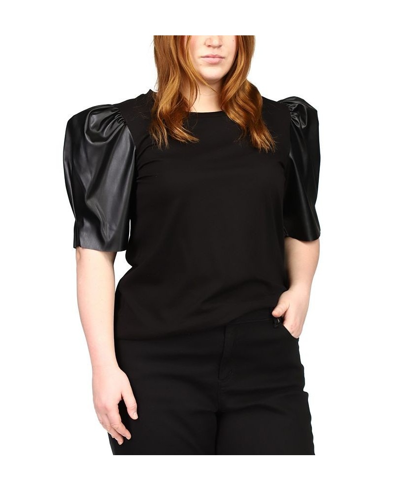 Plus Size Faux Leather Puff-Sleeve Top Black $32.10 Tops