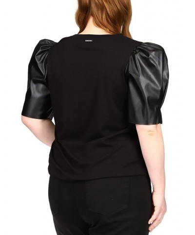 Plus Size Faux Leather Puff-Sleeve Top Black $32.10 Tops