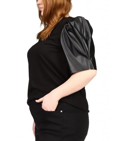 Plus Size Faux Leather Puff-Sleeve Top Black $32.10 Tops