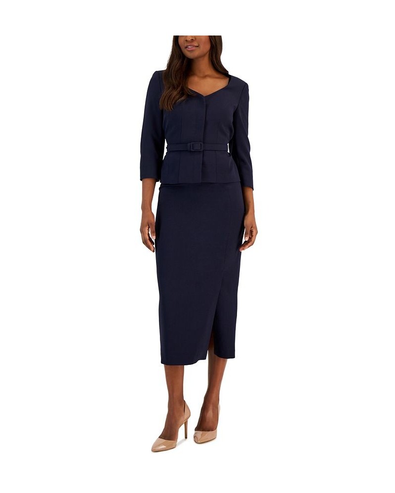 Women's Belted Jacket 3/4-Sleeve Skirt Suit Blue $56.10 Suits