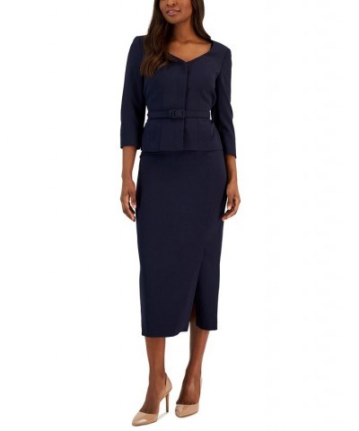 Women's Belted Jacket 3/4-Sleeve Skirt Suit Blue $56.10 Suits