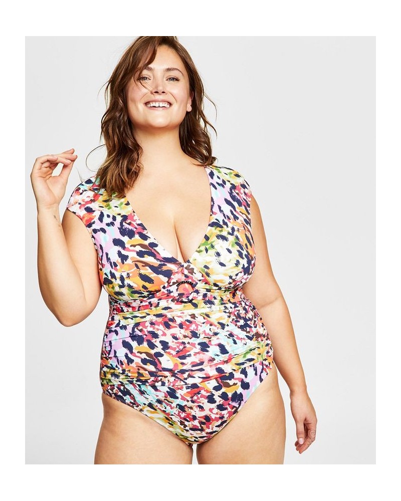 Plus Size Party Animal-Print Cap-Sleeve One-Piece Swimsuit Multi $64.07 Swimsuits