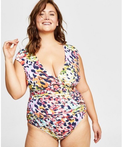 Plus Size Party Animal-Print Cap-Sleeve One-Piece Swimsuit Multi $64.07 Swimsuits