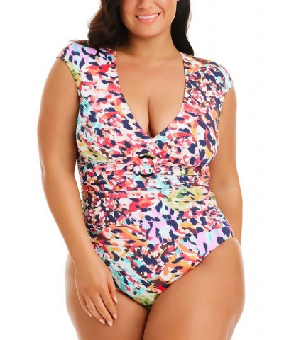 Plus Size Party Animal-Print Cap-Sleeve One-Piece Swimsuit Multi $64.07 Swimsuits