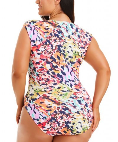 Plus Size Party Animal-Print Cap-Sleeve One-Piece Swimsuit Multi $64.07 Swimsuits