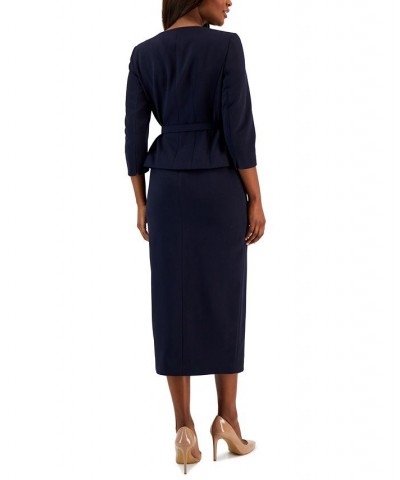 Women's Belted Jacket 3/4-Sleeve Skirt Suit Blue $56.10 Suits