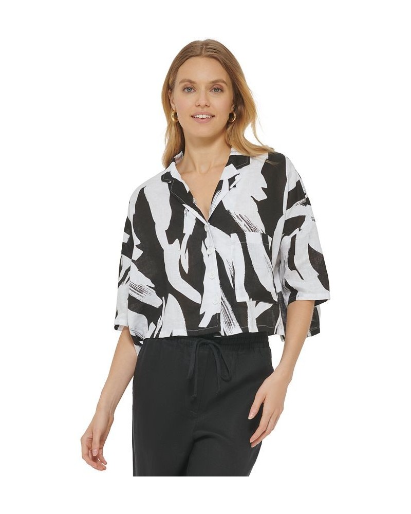 Women's Linen Printed Cropped Short-Sleeve Shirt White/Black Multi $42.72 Tops