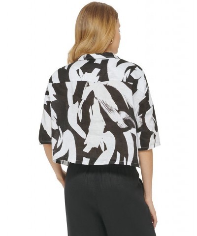 Women's Linen Printed Cropped Short-Sleeve Shirt White/Black Multi $42.72 Tops