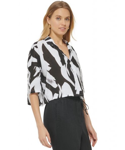 Women's Linen Printed Cropped Short-Sleeve Shirt White/Black Multi $42.72 Tops