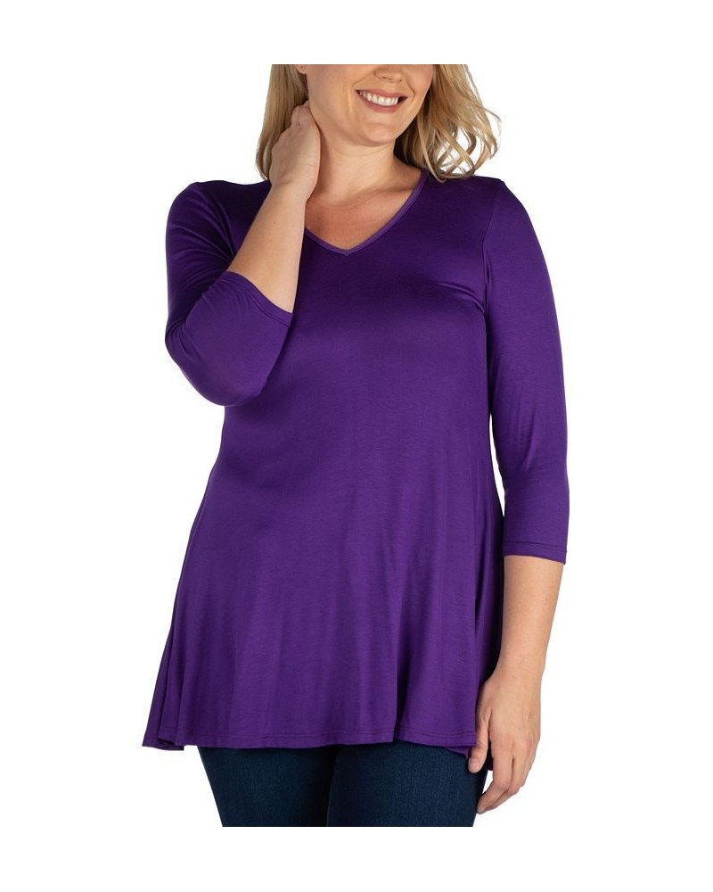 Women's Plus Size Three Quarter Sleeves V-Neck Tunic Top Purple $36.17 Tops