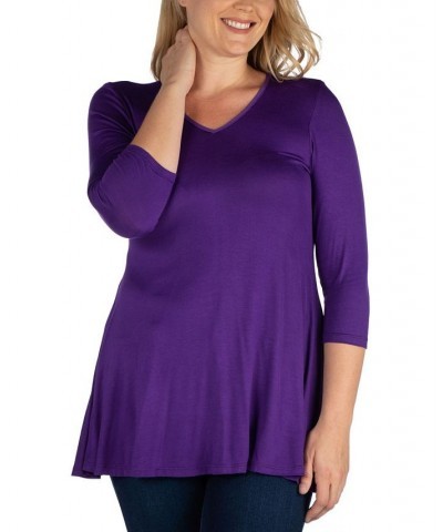 Women's Plus Size Three Quarter Sleeves V-Neck Tunic Top Purple $36.17 Tops