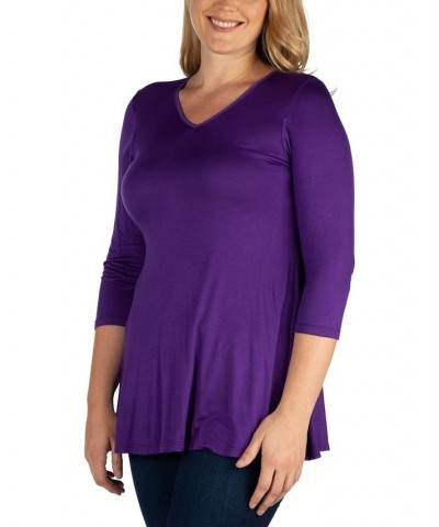 Women's Plus Size Three Quarter Sleeves V-Neck Tunic Top Purple $36.17 Tops