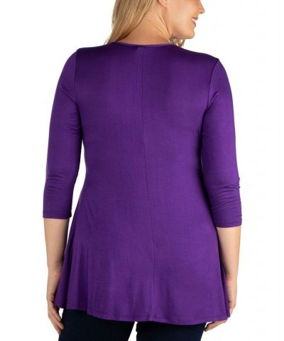 Women's Plus Size Three Quarter Sleeves V-Neck Tunic Top Purple $36.17 Tops