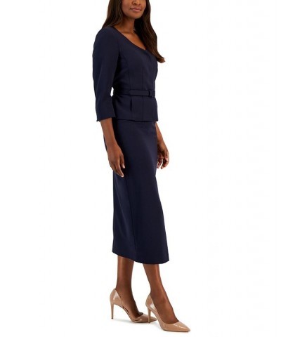 Women's Belted Jacket 3/4-Sleeve Skirt Suit Blue $56.10 Suits