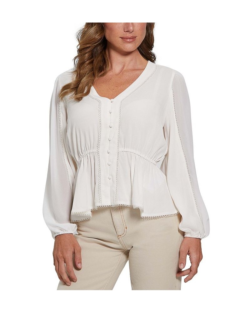 Women's Hera Printed Balloon-Sleeve V-Neck Top White $21.78 Tops