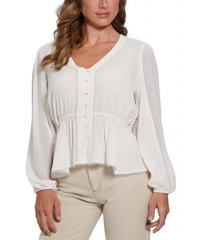 Women's Hera Printed Balloon-Sleeve V-Neck Top White $21.78 Tops